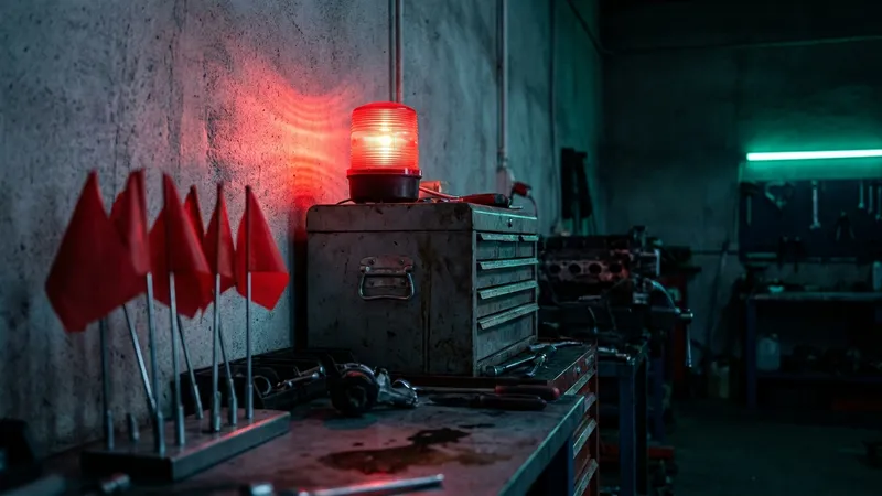 Czerwona lampa ostrzegawcza na metalowej skrzynce narzędziowej i rząd czerwonych chorągiewek na warsztatowym stole.