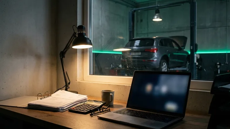Biurko właściciela warsztatu wieczorem: laptop, stos faktur, kalkulator, za szybą hala z SUV-em na podnośniku.
