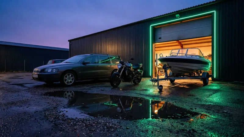Kombi, motocykl i łódź na przyczepie przed otwartą bramą warsztatu o zmierzchu, z zieloną listwą LED wokół bramy.
