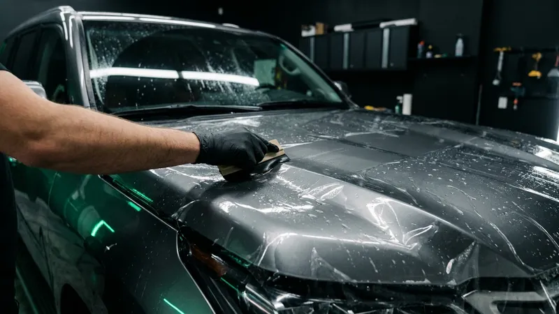 Aplikacja folii PPF na masce ciemnego SUV-a w studiu detailingu: dłoń w rękawiczce prowadzi raklę po mokrej folii.